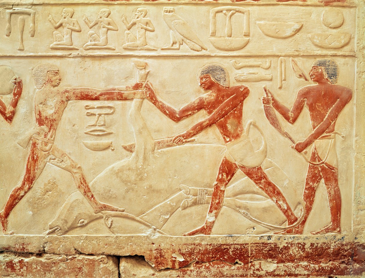 Mészárosok ökröt lemészárolva, dombormű Idut hercegnő sírjából, Óbirodalom, ie 2330 körül (festett mészkő) alkotó: Egyptian 6th Dynasty