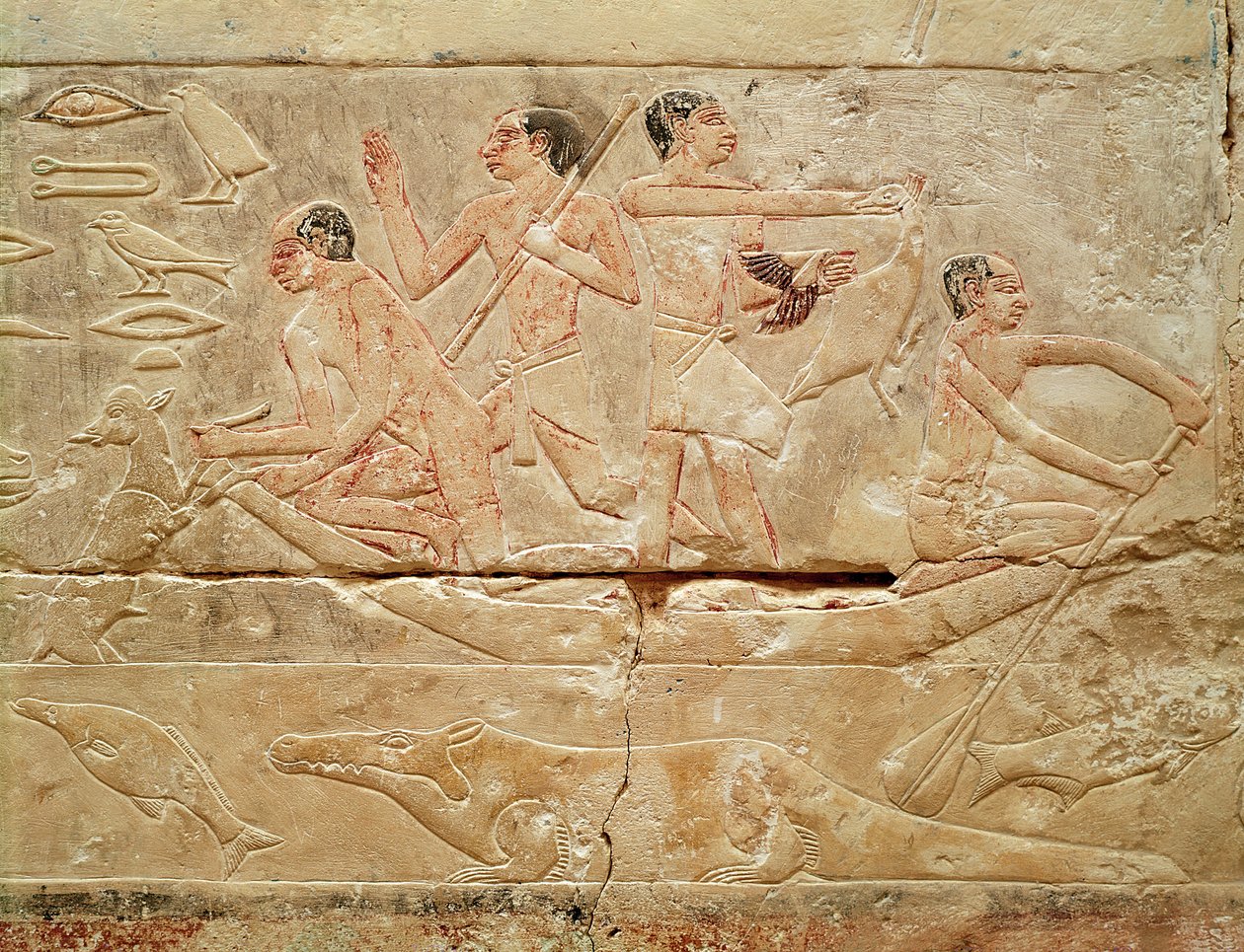 Férfiakat csónakban ábrázoló dombormű Idut hercegnő sírjából, a régi királyságból, ie 2330 körül (festett mészkő) alkotó: Egyptian 6th Dynasty