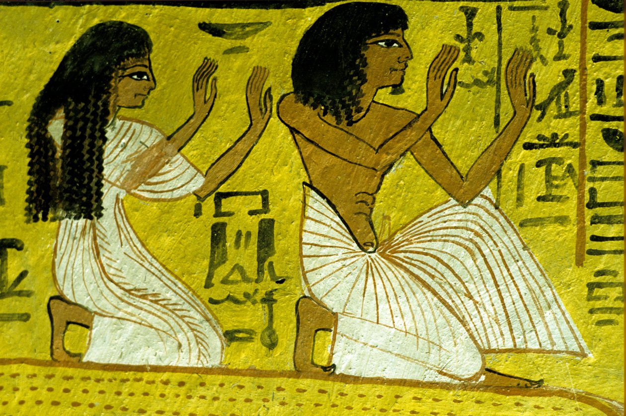 Ókori Egyiptom, falfestmény, Szennedzsem és felesége az istenek előtt térdel, Szennedzsem sírja, Théba, Deir el Medina alkotó: Egyptian Egyptian