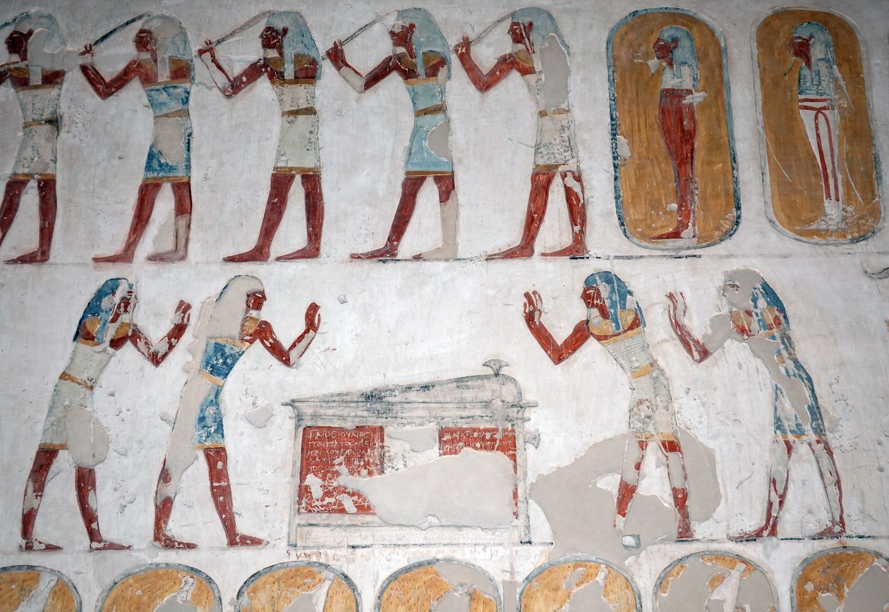 Fegyveres férfiak és egy alak egy szarkofág előtt, Királyok Völgye, Luxor alkotó: Egyptian Egyptian