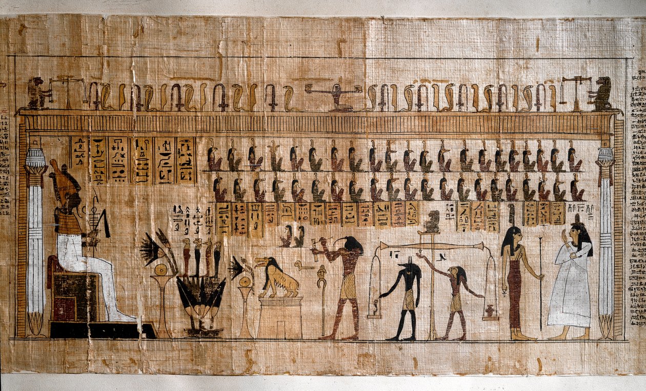 Egyiptomi ókor: a lelkek mérlegelése (pszichosztázis). A halottak könyvének papirusza. Torino, Egyiptomi Múzeum – Ókori Egyiptom: a lelkek mérlegelése (pszichosztázia). Papirusz a halottak könyvéből. Egyiptomi Múzeum, Torino, Olaszország alkotó: Egyptian Egyptian