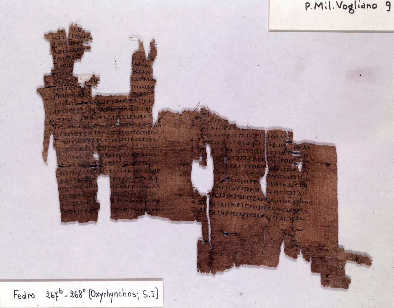Irodalmi papirusz: „Phedrus” Platóntól (-428; -348), görög filozófustól. Milánói Egyetem, Papirológiai Intézet alkotó: Egyptian Egyptian
