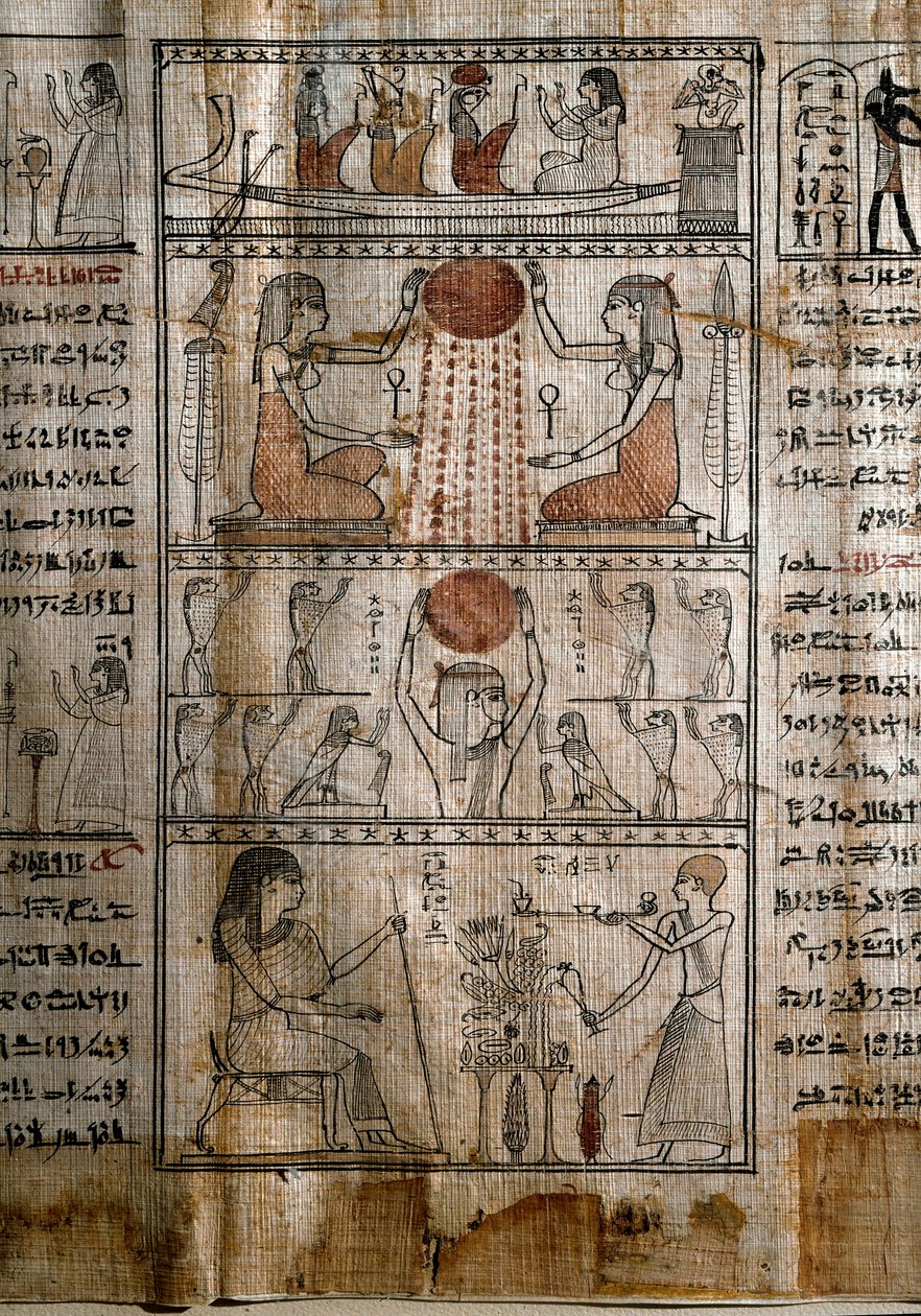 Egyiptomi ókor: szoláris szimbológia. a halottak könyvének papirusza. Ptolemaioszi időszak. Torino, Egyiptomi Múzeum – Ókori Egyiptom: a nap éltető ereje. Papirusz a halottak könyvéből. Ptolemaioszi időszak. Egyiptomi Múzeum, Torino, Olaszország alkotó: Egyptian Ptolemaic Period
