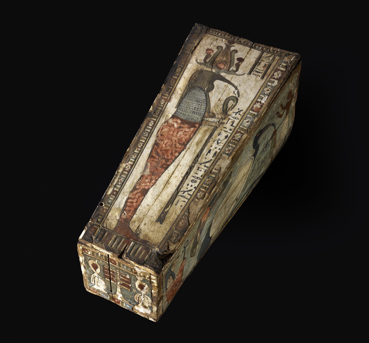 Thot szent íbiszének festett fakoporsója, Kr. e. 305-30 (fa, polikróm díszítéssel) alkotó: Egyptian Ptolemaic Period