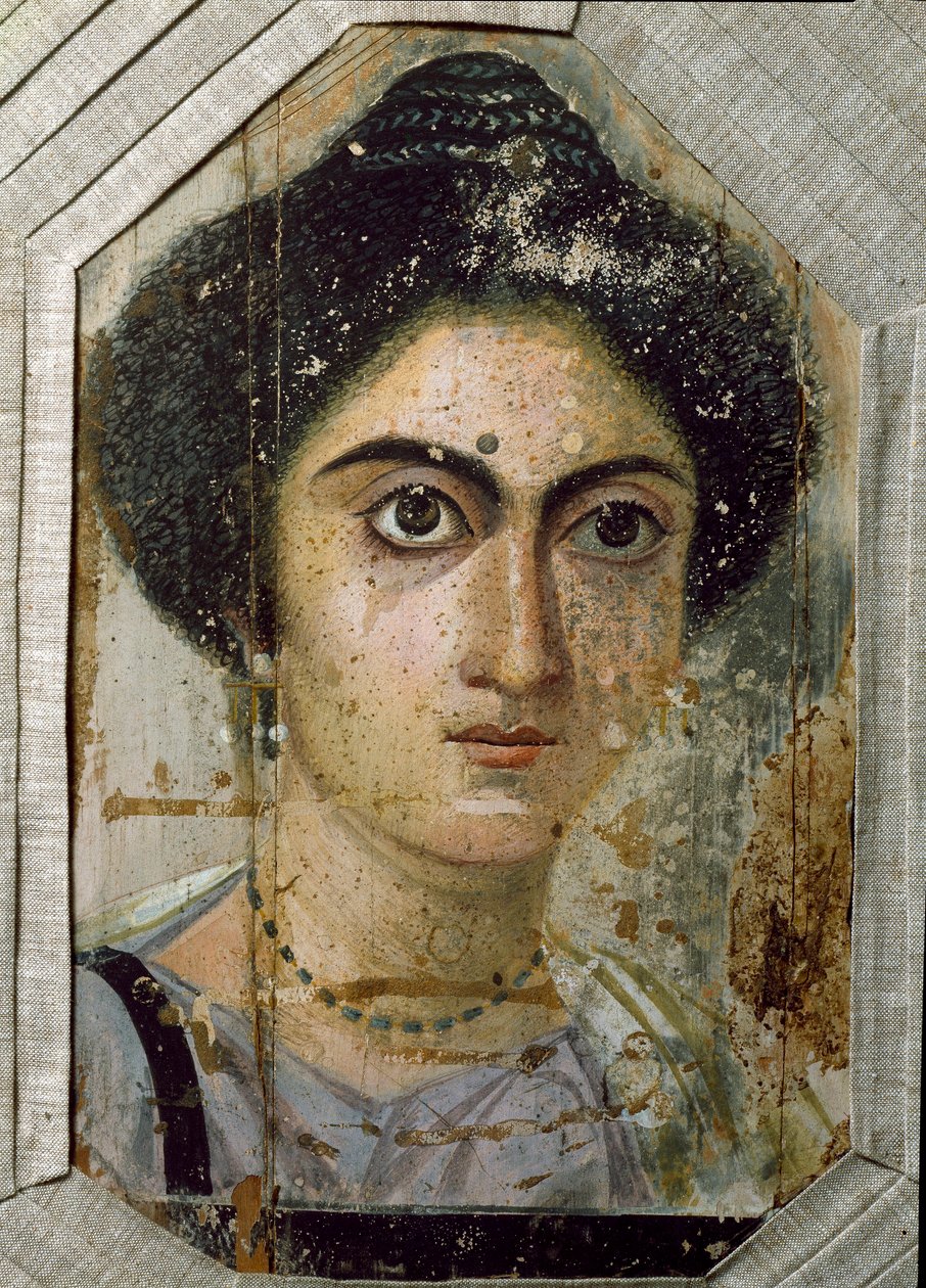 Egyiptomi ókor: egy nő temetési portréja. Festészet fára. 2. század vége. Az egyiptomi Fayumból (Fayum). Firenze, museo archeologico alkotó: Egyptian School
