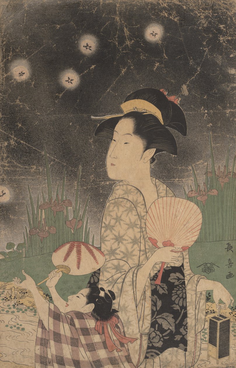 Nő és gyermek szentjánosbogarak fogása, kb. 1793. alkotó: Eishōsai Chōki