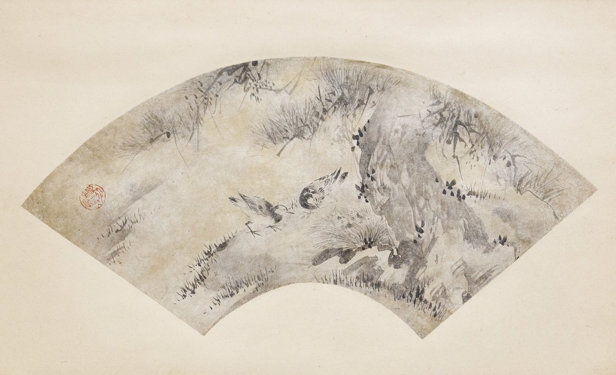 Madarak és fenyőfa, 1570-1590 körül (tinta és arany, papír) alkotó: Eitoku Kano
