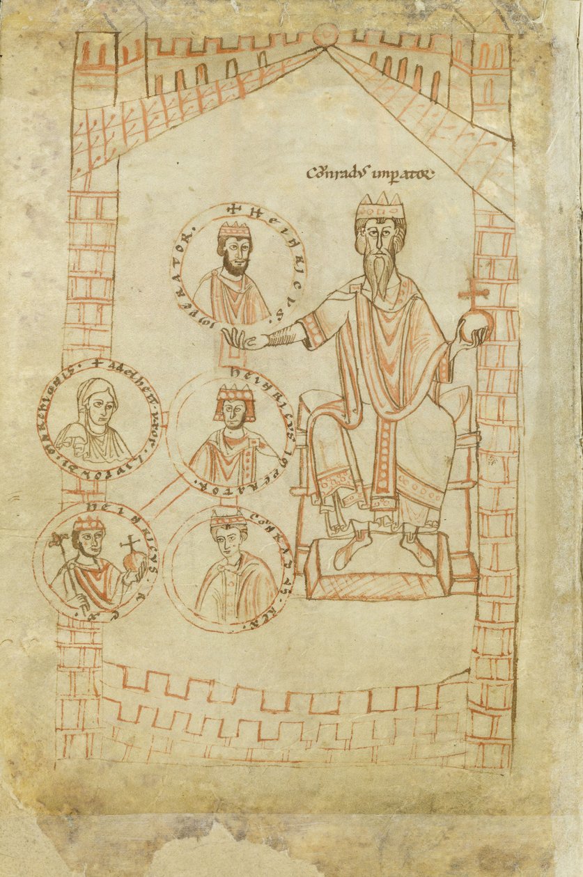 A Salian-dinasztia családfája: II. Konrád, III. Henrik, IV. Henrik, felesége, kijevi Eupraxia, V. Henrik, XII. alkotó: Ekkehard of Aura