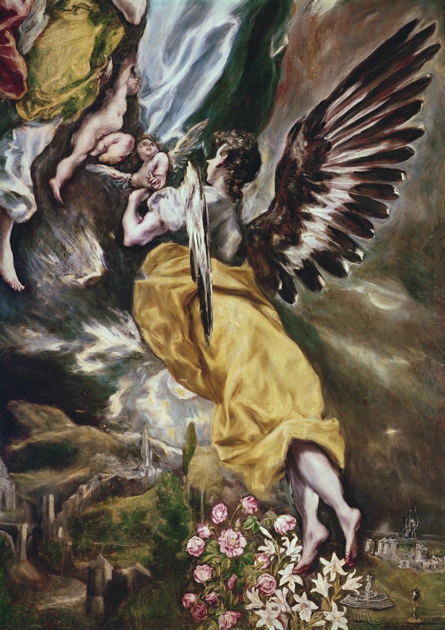 A Szeplőtelen Fogantatás (angyal, virágok, Mária-jellemzők és Toledo részlete) 1607-13 (lásd még: 90015) alkotó: El Greco