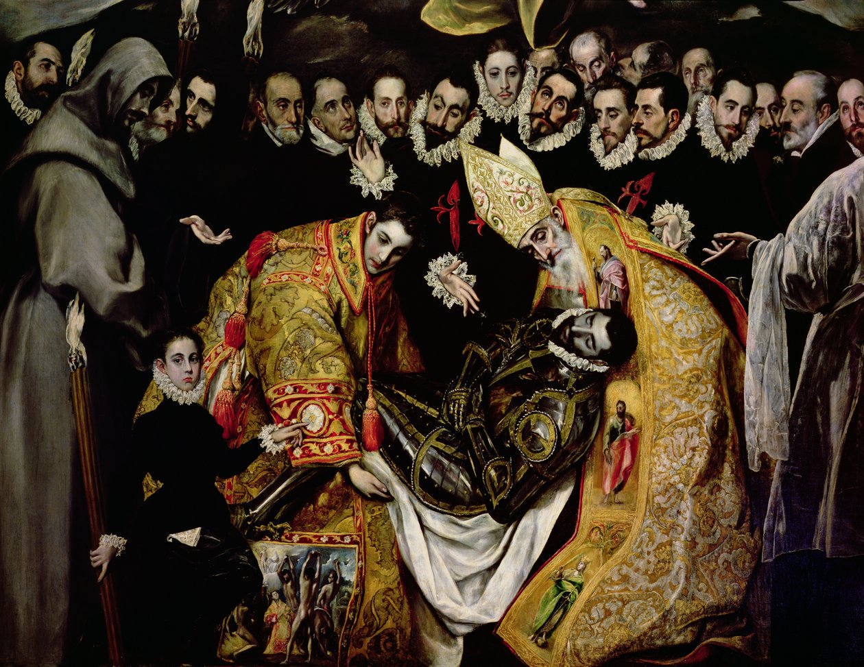 Orgaz gróf temetése, egy 1323-as legendából, egy fiatal oldal részlete, St. Etienne, a gróf és Szent Ágoston alkotó: El Greco