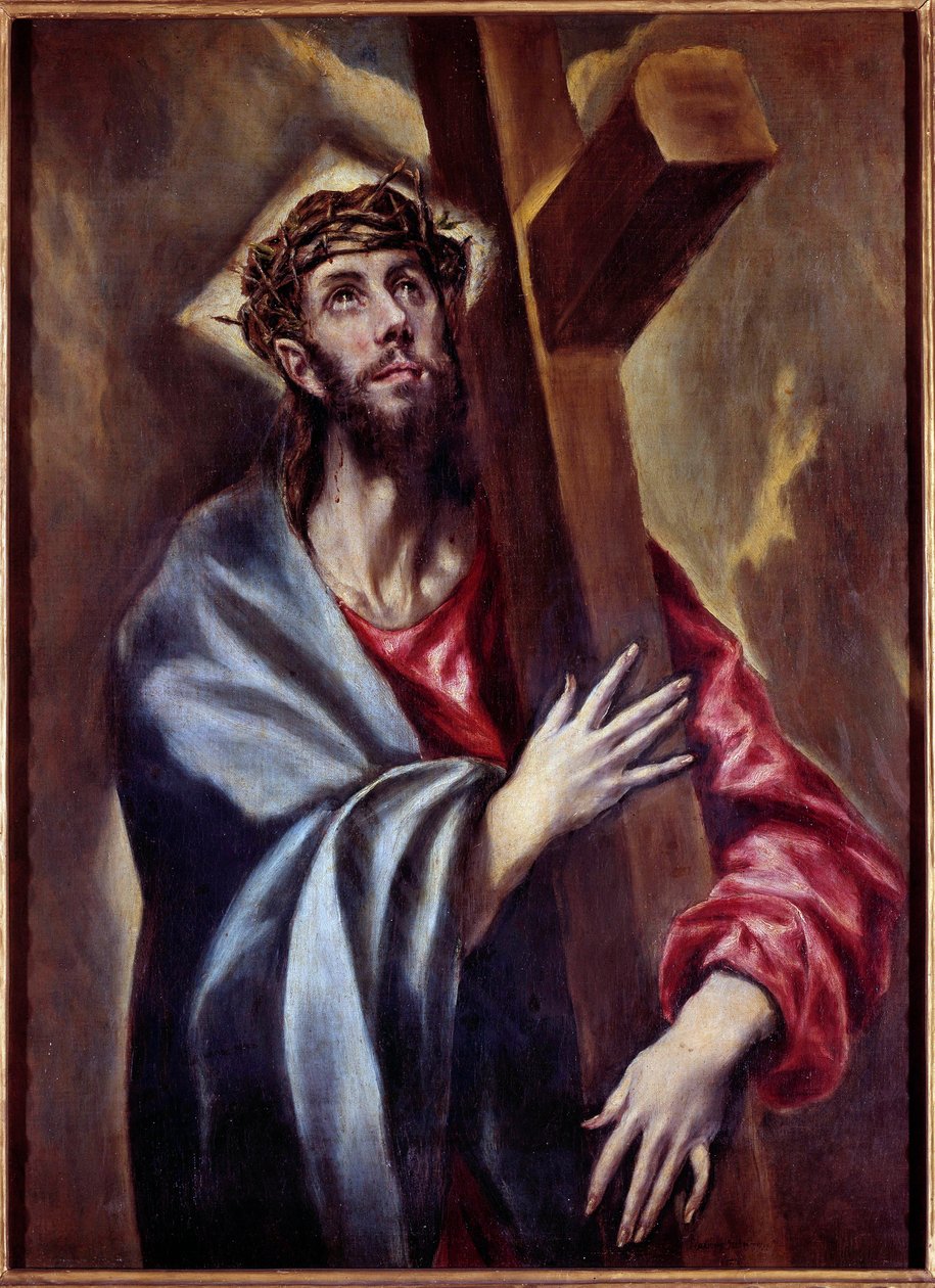 Krisztus keresztet hordozó Domenikos Theotokopoulos dit El Greco festménye (1541-1614) 1605 V. 1,08x0,78 m Madrid, Prado Múzeum - Krisztus hordozza a keresztet. El Greco (1541-1614) néven ismert Domenikos Theotokopoulos festménye 1605. 1,08 x 0,78 m. Prado alkotó: El Greco