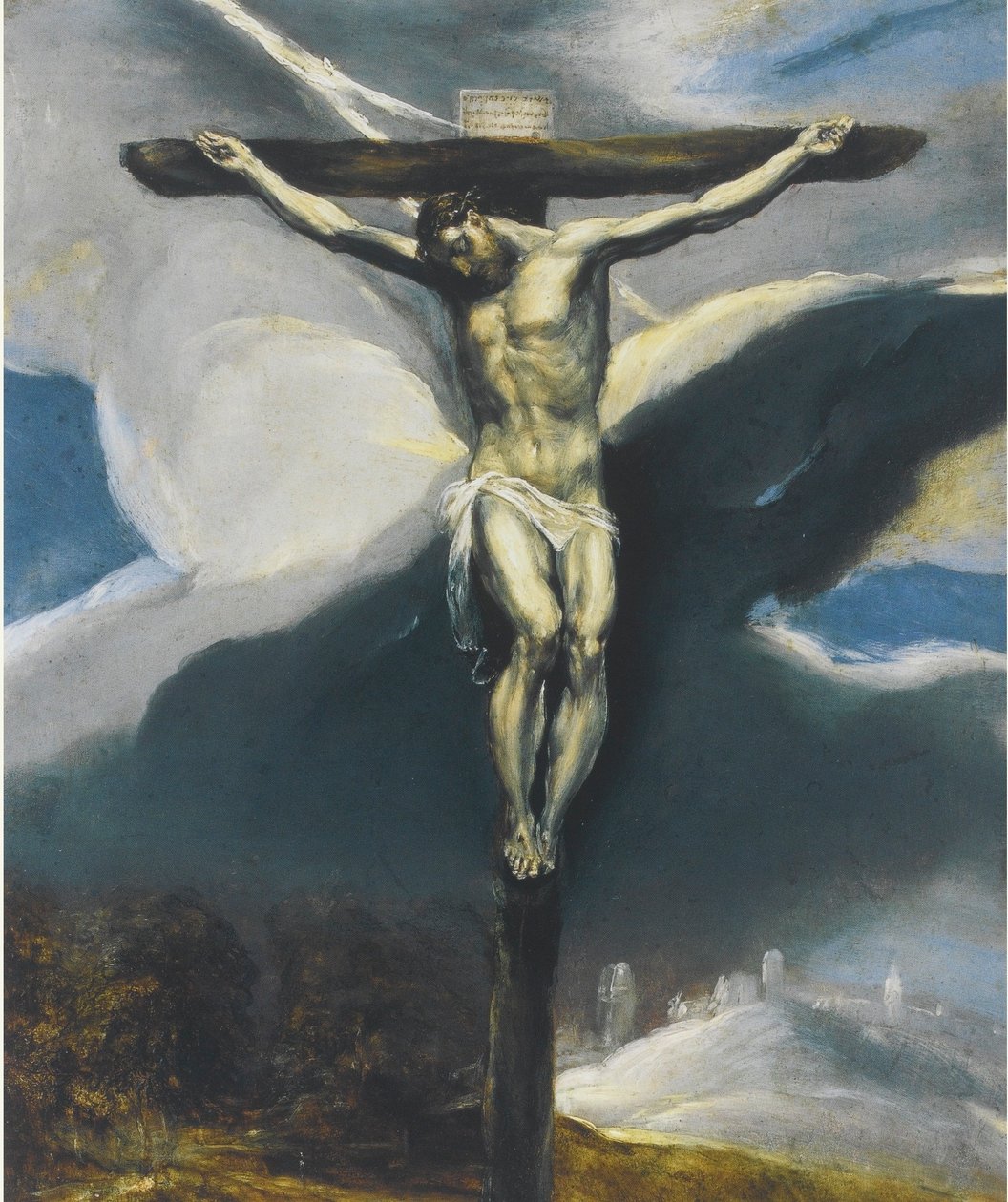 Krisztus a kereszten egy tájképben alkotó: El Greco