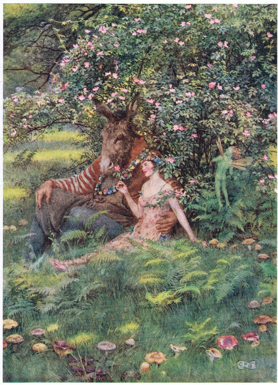 Bottom és Titania: "Gyere, ülj le erre a virágos ágyra" (litho) alkotó: Eleanor Fortescue Brickdale