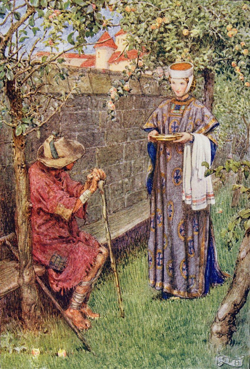 Erzsébet a szánalom küldetésére ment, William Canton (1845-26) „Magyarországi Szent Erzsébet története” című művéből, 1921 (színes litó) alkotó: Eleanor Fortescue Brickdale