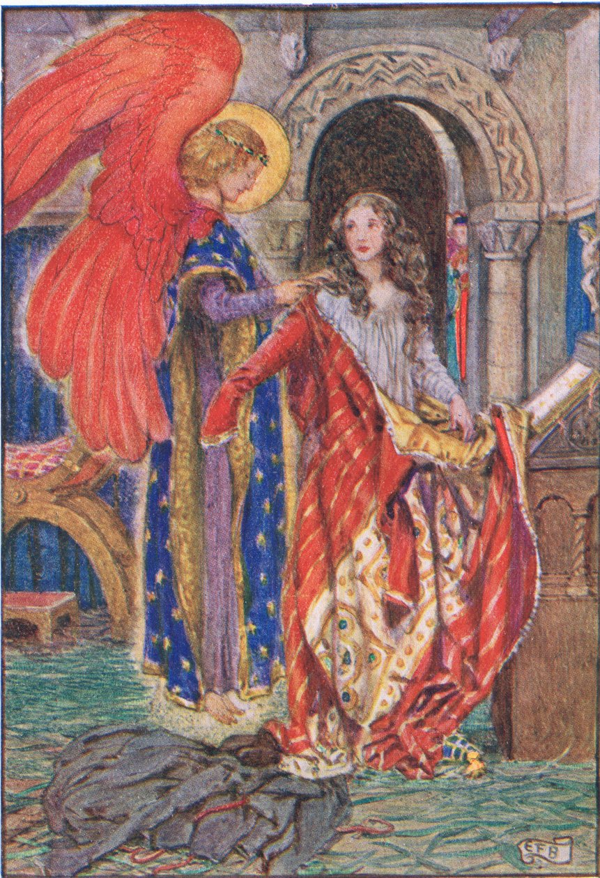Erzsébet... imádkozott Istenhez, hogy öltöztesse fel William Canton (1845-26) „Magyarországi Szent Erzsébet története” című művéből, 1921 (színes litó) alkotó: Eleanor Fortescue Brickdale