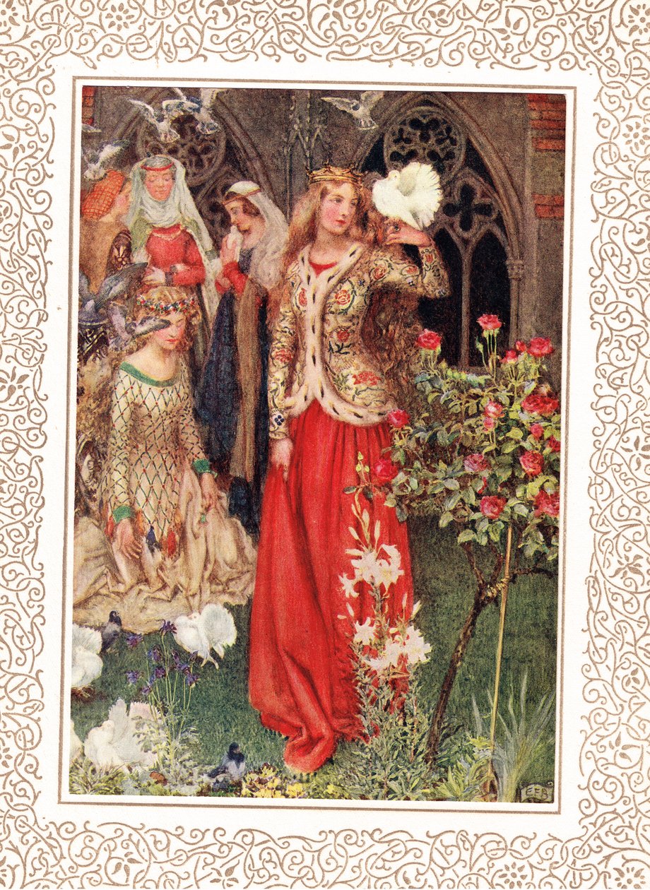 Guinevere és hölgyei az aranykorban, illusztráció Alfred Tennyson (1809-92) „A király idilljei” című könyvéből, kiadó: Hodder & Stoughton alkotó: Eleanor Fortescue Brickdale