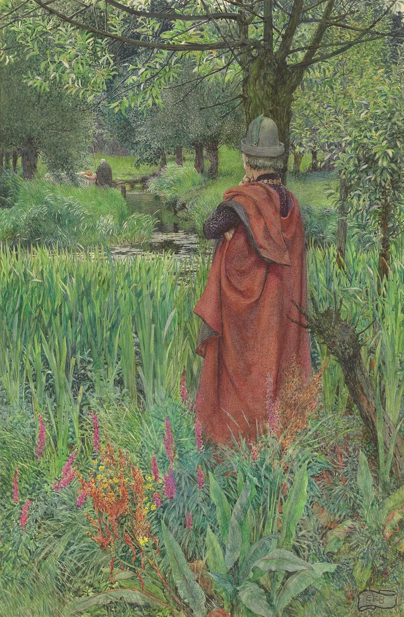 Lancelot és Elaine: Búcsú, szép liliom (ceruza és akvarell testfestékkel kiemelve, papíron kikarcolva) alkotó: Eleanor Fortescue Brickdale