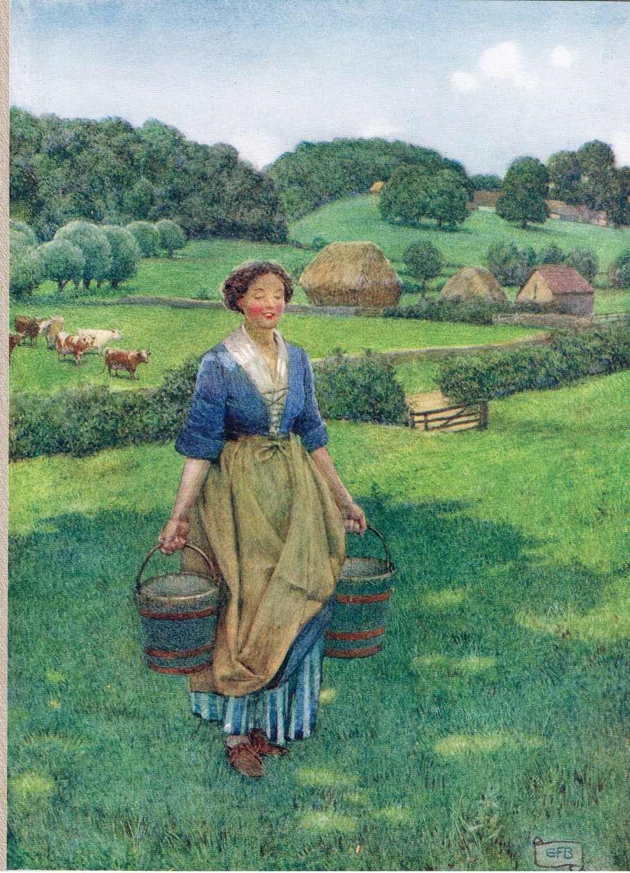 Milkmaid, illusztráció a "The Book of Old English Songs and Ballads"-ból, kiadó: Hodder és Stoughton, 1910 körül (színes litho) alkotó: Eleanor Fortescue Brickdale