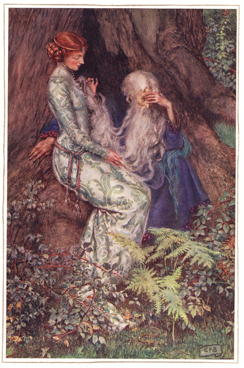 Ó, Mester, szereted a gyengéd mondókámat?, illusztráció Alfred Tennyson (1809-92) „A király idilljei” című könyvéből, kiadó: Hodder & Stoughton alkotó: Eleanor Fortescue Brickdale