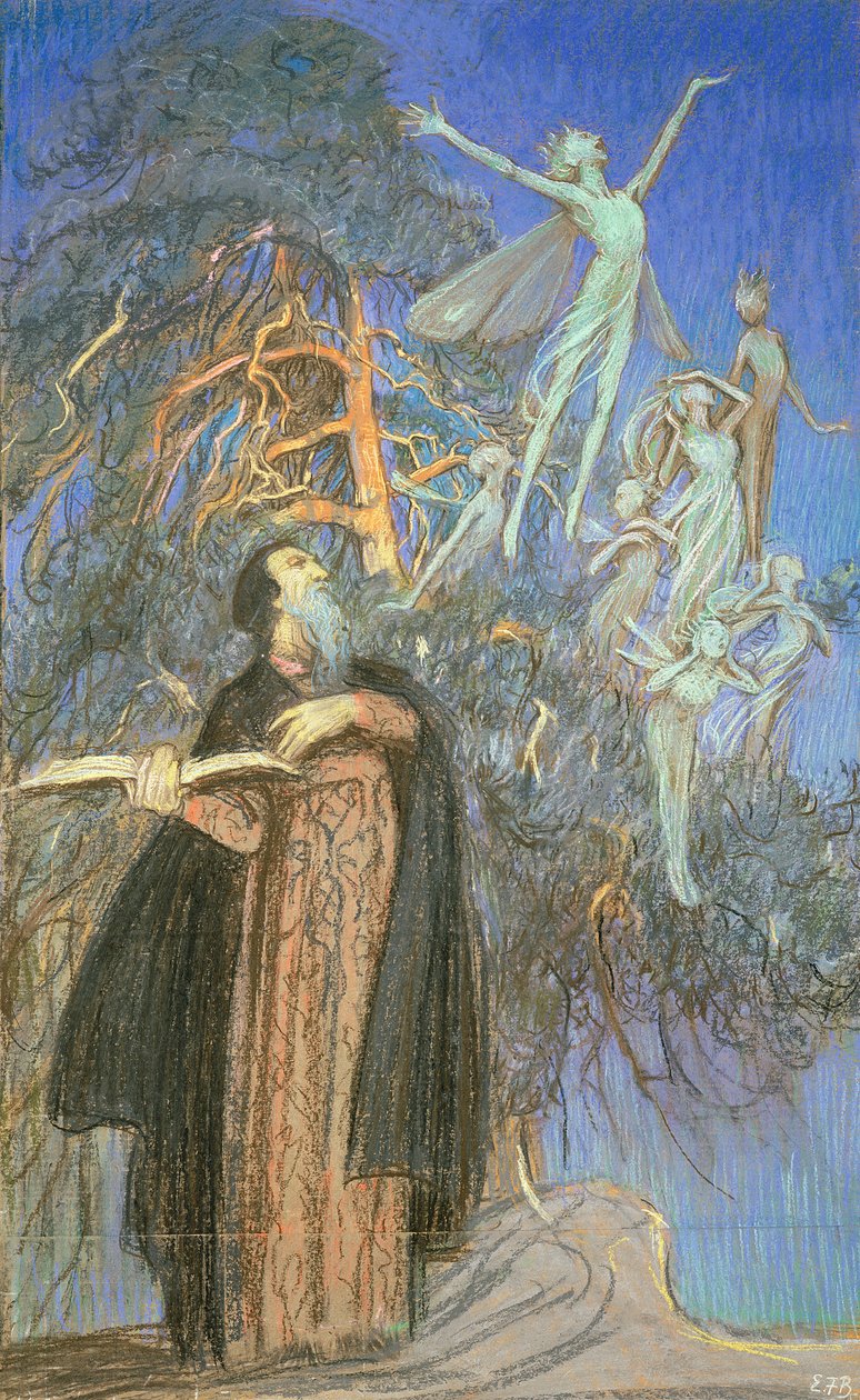 Prospero és Ariel, a Broadcasting House számára megrendelt tanulmány egy elveszett képhez, 1931 körül (papír pasztell) alkotó: Eleanor Fortescue Brickdale