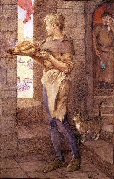 "Tehát Gareth for Glory átesett a Konyhai Vassalage kormos igaján" alkotó: Eleanor Fortescue Brickdale