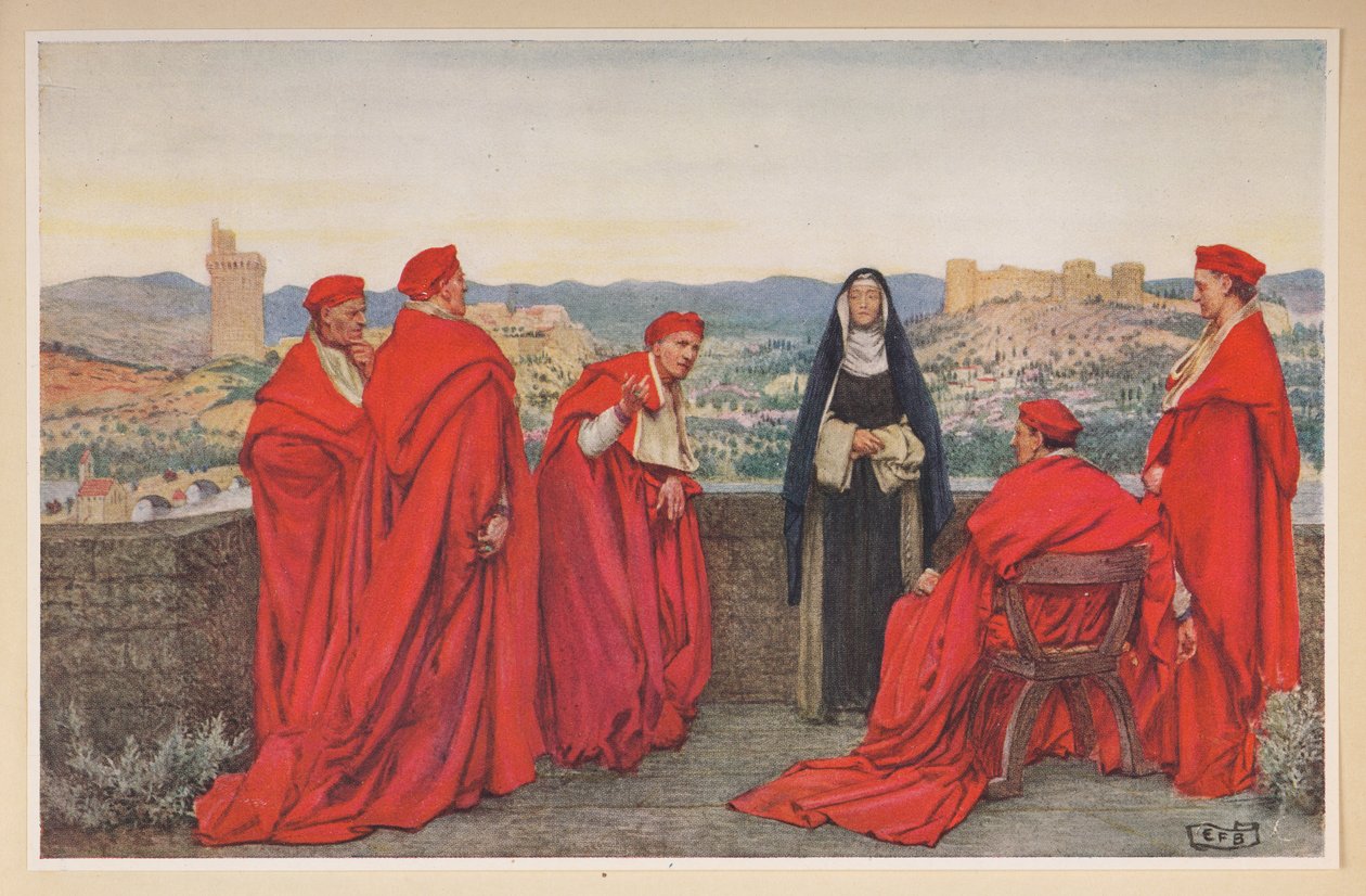 Sienai Szent Katalin a firenzeiek nevében tárgyal XI. Gergely pápával. alkotó: Eleanor Fortescue Brickdale