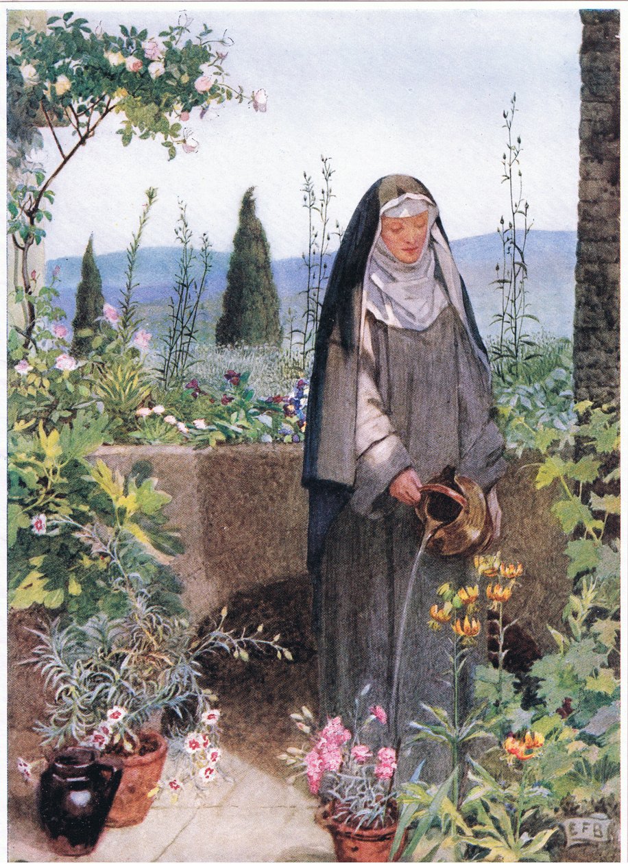 Szent Klára az általa alapított kolostor kertjében (litho) alkotó: Eleanor Fortescue Brickdale