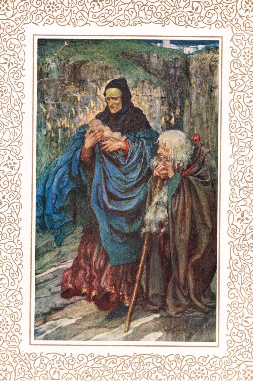 A csecsemő Arthurt megtalálták..., illusztráció Alfred Tennyson (1809-92) „A király idilljei” című művéből, kiadó: Hodder & Stoughton alkotó: Eleanor Fortescue Brickdale