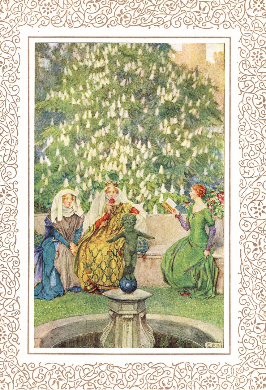 A királynő, aki a legjobb Enidje és a nyájas Vivien között ült, illusztráció Alfred Tennyson (1809-92) „A király idilljei” című művéből, kiadó: Hodder & Stoughton alkotó: Eleanor Fortescue Brickdale
