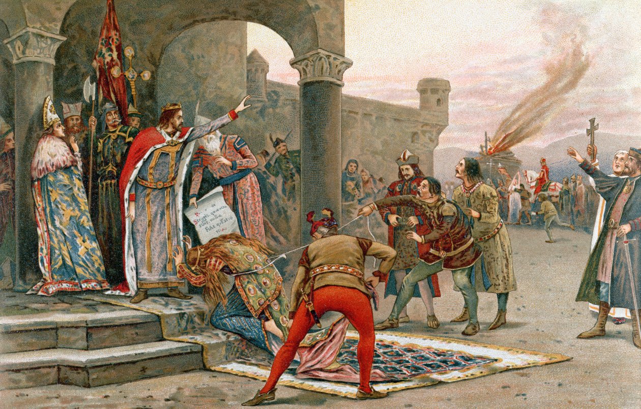 I. Kálmán (1068-1116), magyar király, megtiltja a boszorkányégetést (chromolitho). alkotó: Elek Benedek