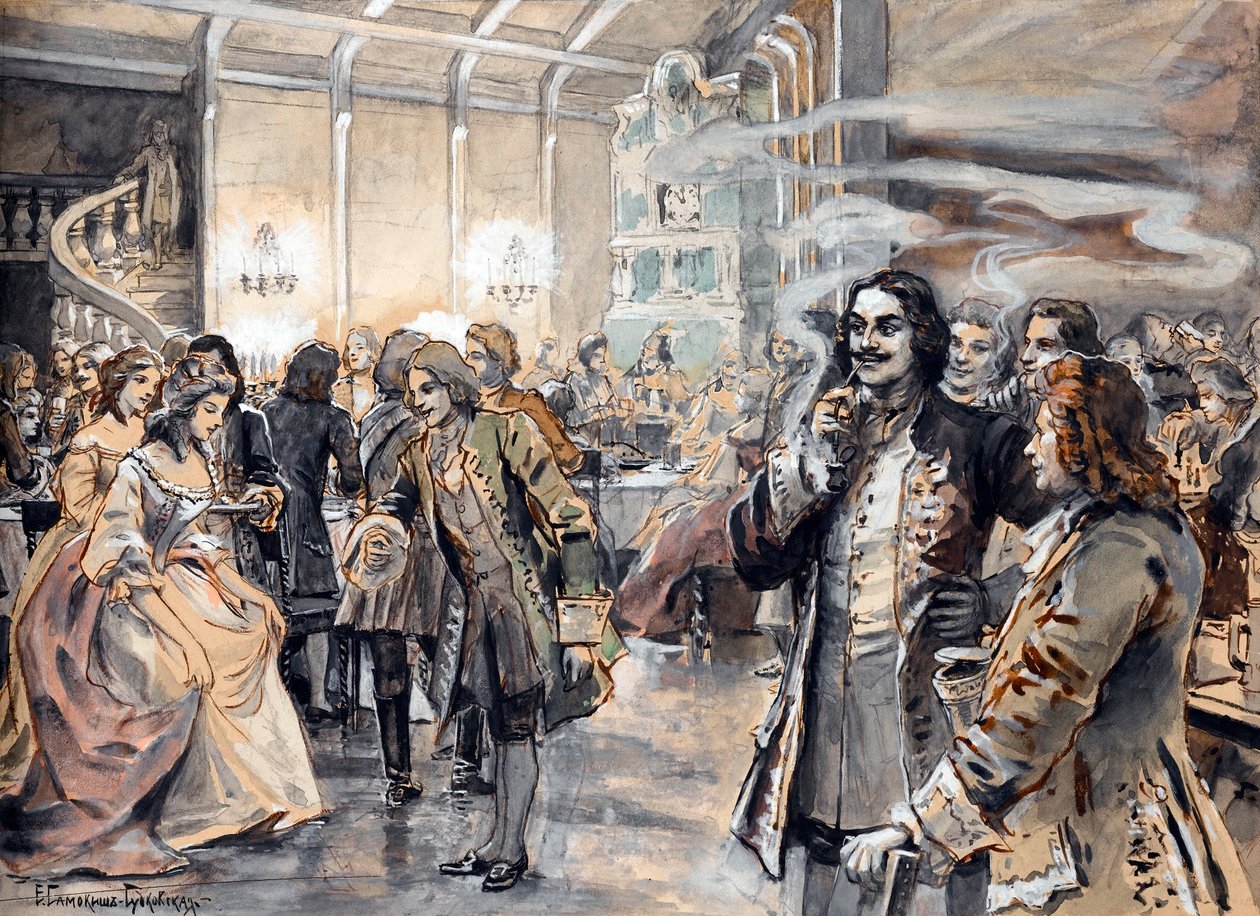 Húsvéti ünnepségek Nagy Péter udvarában (Pierre le grand) - Peinture de Elena Petrovna Samokish Sudkovskaya (Szamoki-Sudkovskaya) (1863-1924) - Akvarell, gouache, karton, 25,38x35 - Magángyűjtemény alkotó: Elena Petrovna Samokish Sudkovskaya