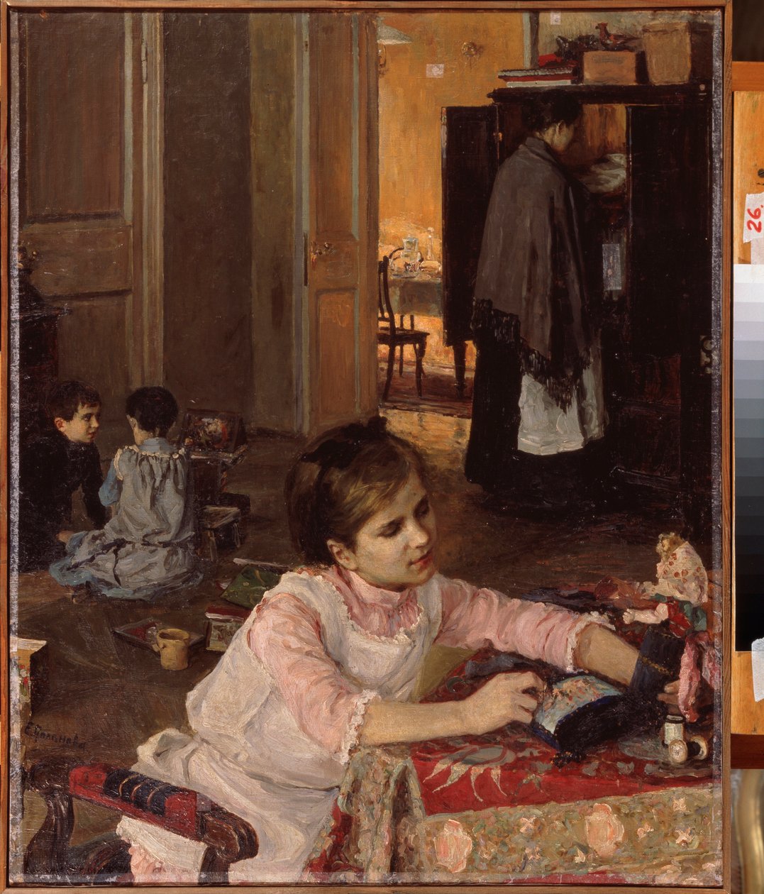 Gyermekszoba (Gyermekek játszanak a játékaikkal, miközben a szobalány a szekrényben mosogat) - Gyermekszoba - Elena Dmitryevna Polenova (1850-1898) festménye, olaj, vászon alkotó: Elena Polenova