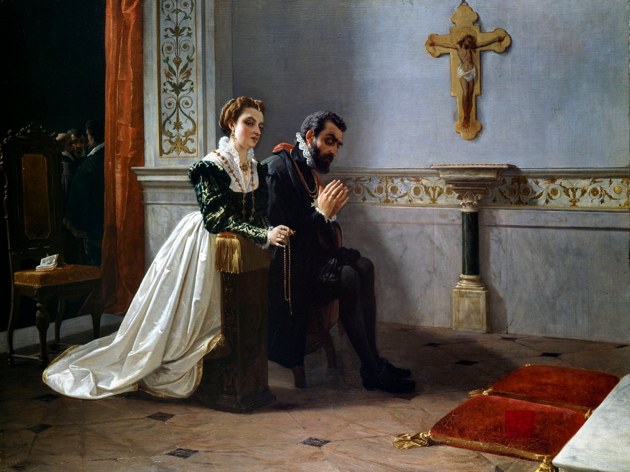 Bianca Cappello és Francois I de Medici (1541-1587) (Francesco Primo I de Medici) a feszület előtt imádkoznak (olaj, vászon) alkotó: Eleuterio Pagliano