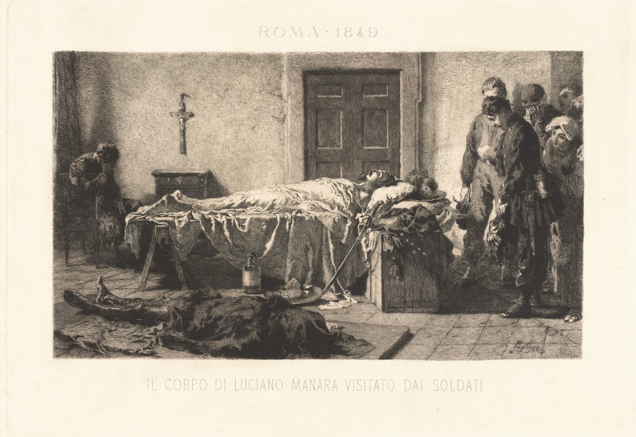Luciano Manara holttestét katonák látogatták meg alkotó: Eleuterio Pagliano