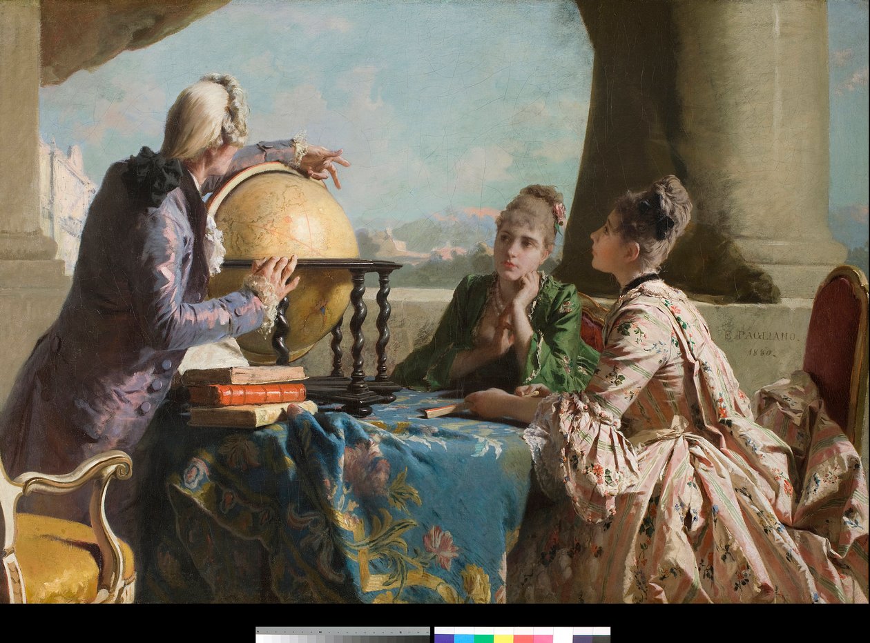 The Lecon of Geography Két fiatal nő a felsőbbrendű társadalomból és tanáruk egy földgömböt mutatnak meg nekik Eleuterio Pagliano (1826-1903) festménye 1880 Magángyűjtemény alkotó: Eleuterio Pagliano