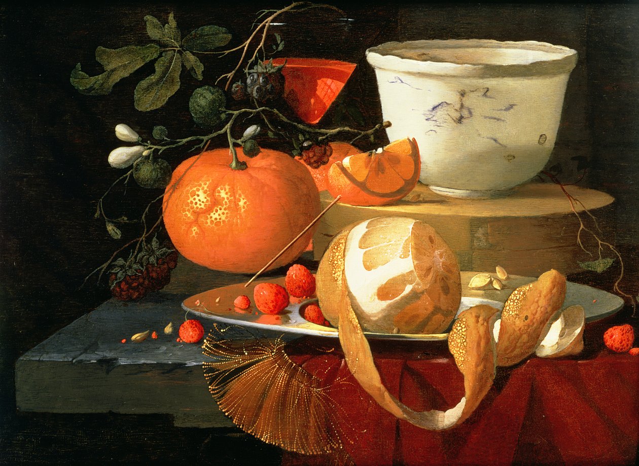 Csendélet egy narancs, egy citrom és egy eper óntányéron, mögötte egy wan-li tálka alkotó: Elias van den Broeck