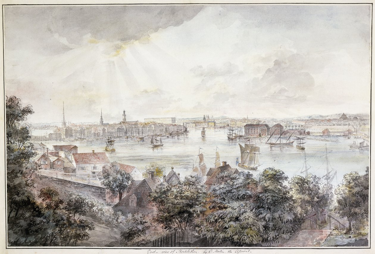 Stockholm kilátása Soderről a Királyi Palotával, Storkyrkannal, Riddarholmskykannal és Tskakykannal, alkotó: Elias Martin