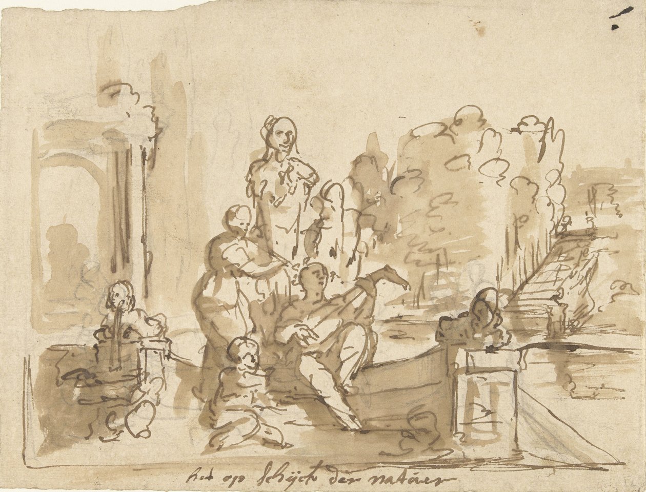 Allegória zenélő figurákkal a kertben alkotó: Elias van Nijmegen