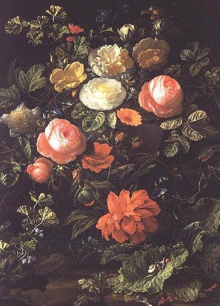 Csendélet rózsákkal, rovarokkal és csigákkal alkotó: Elias van den Broeck