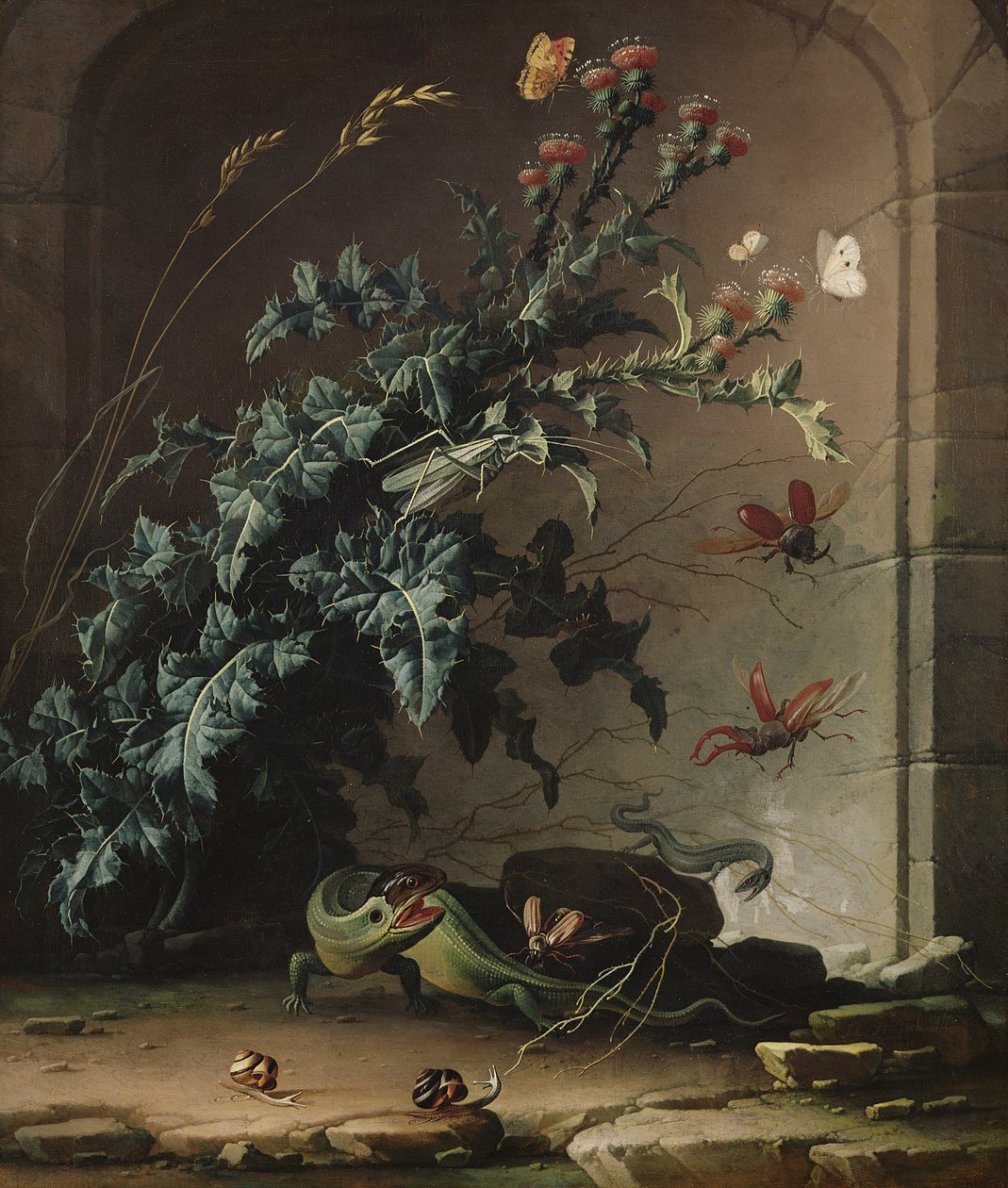Kőrés bogáncssal, gyíkkal és rovarokkal, 1690 alkotó: Elias van den Broeck