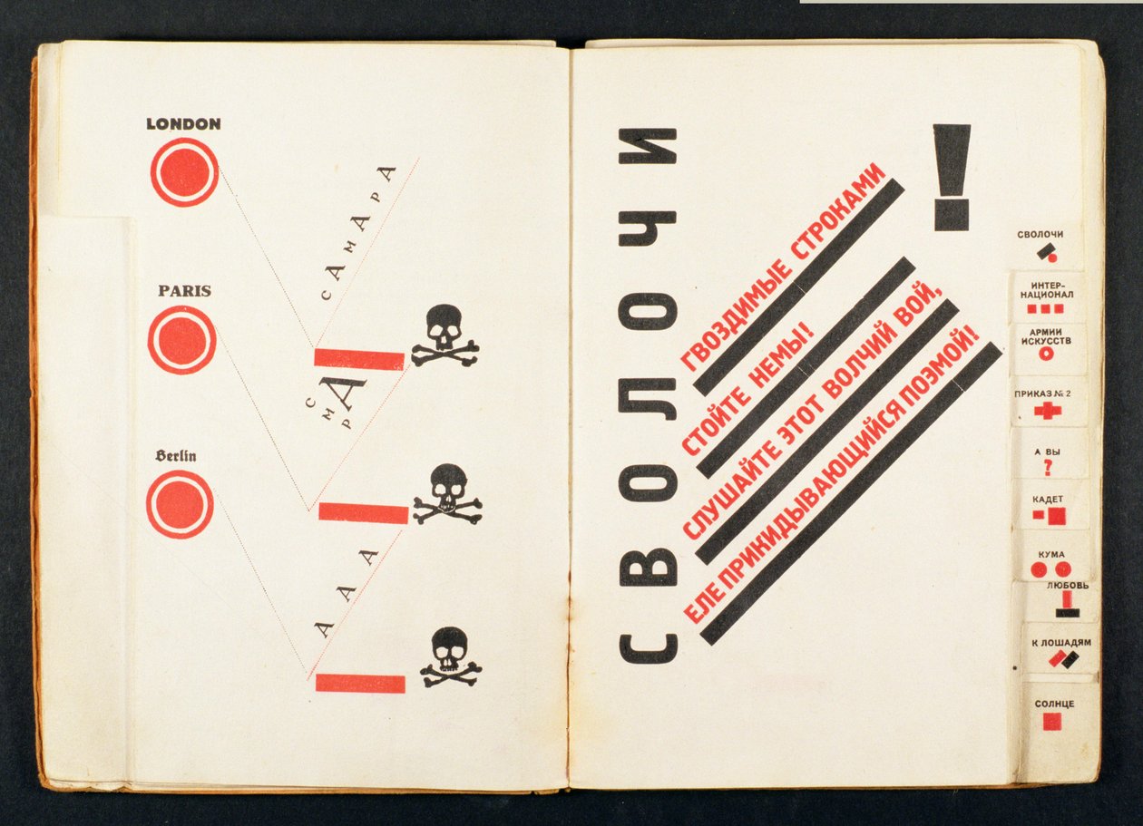 A koponya és a keresztezett csontok az El Lissitzky (1890-1941) kocsma által tervezett Majakovszkij (1893-1930) versgyűjteményéből, a "For Reading Out Loud"-ból terjedtek el. Berlinben, 1923 (lásd még: 86286) alkotó: Eliezer Markowich Lissitzky
