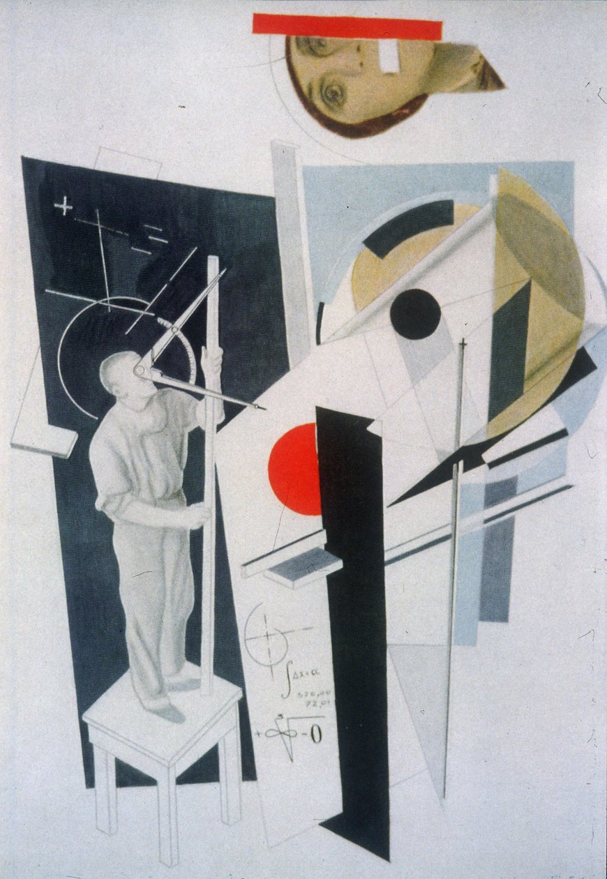 Tatlin a munkahelyen. Illusztráció a Hat mese könnyű befejezéssel című könyvéhez, Ilja Ehrenburg alkotó: Eliezer Markowich Lissitzky