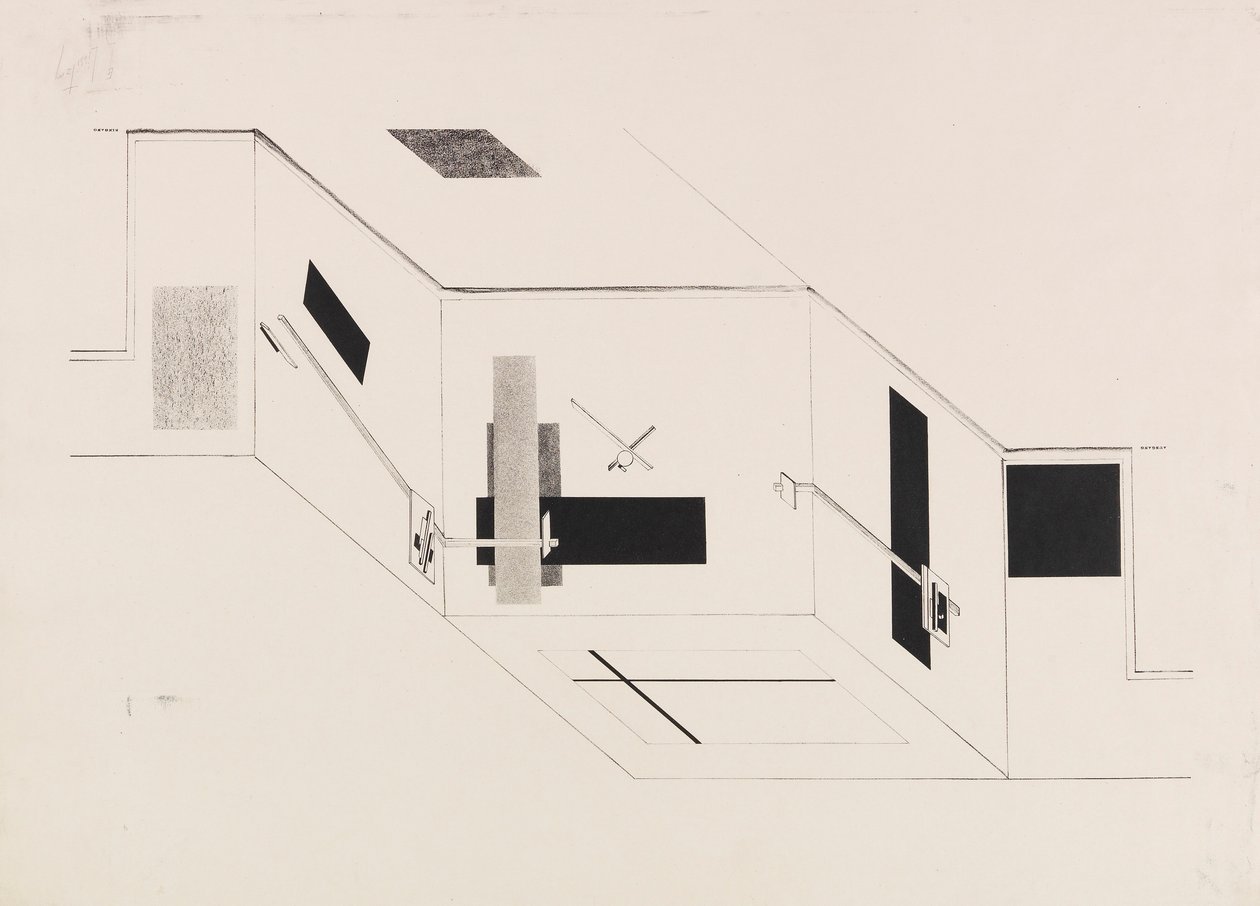 A Proun szoba. I. Kestner-tárca 5. lapja, 1923. alkotó: Eliezer Markowich Lissitzky