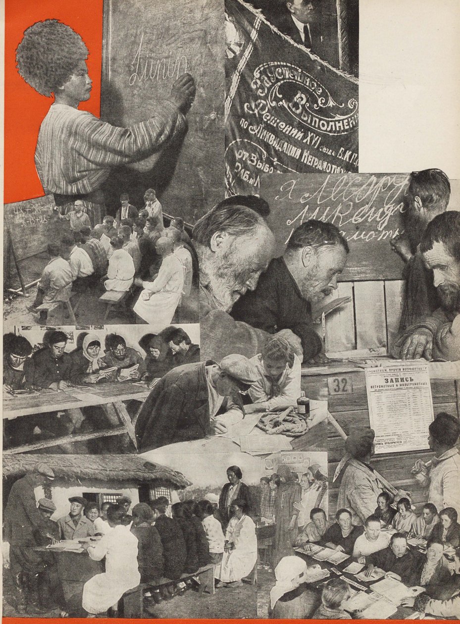 Az írástudatlanság elleni küzdelem. Illusztráció: Szovjetunió építi a szocializmust, 1933. alkotó: Eliezer Markowich Lissitzky