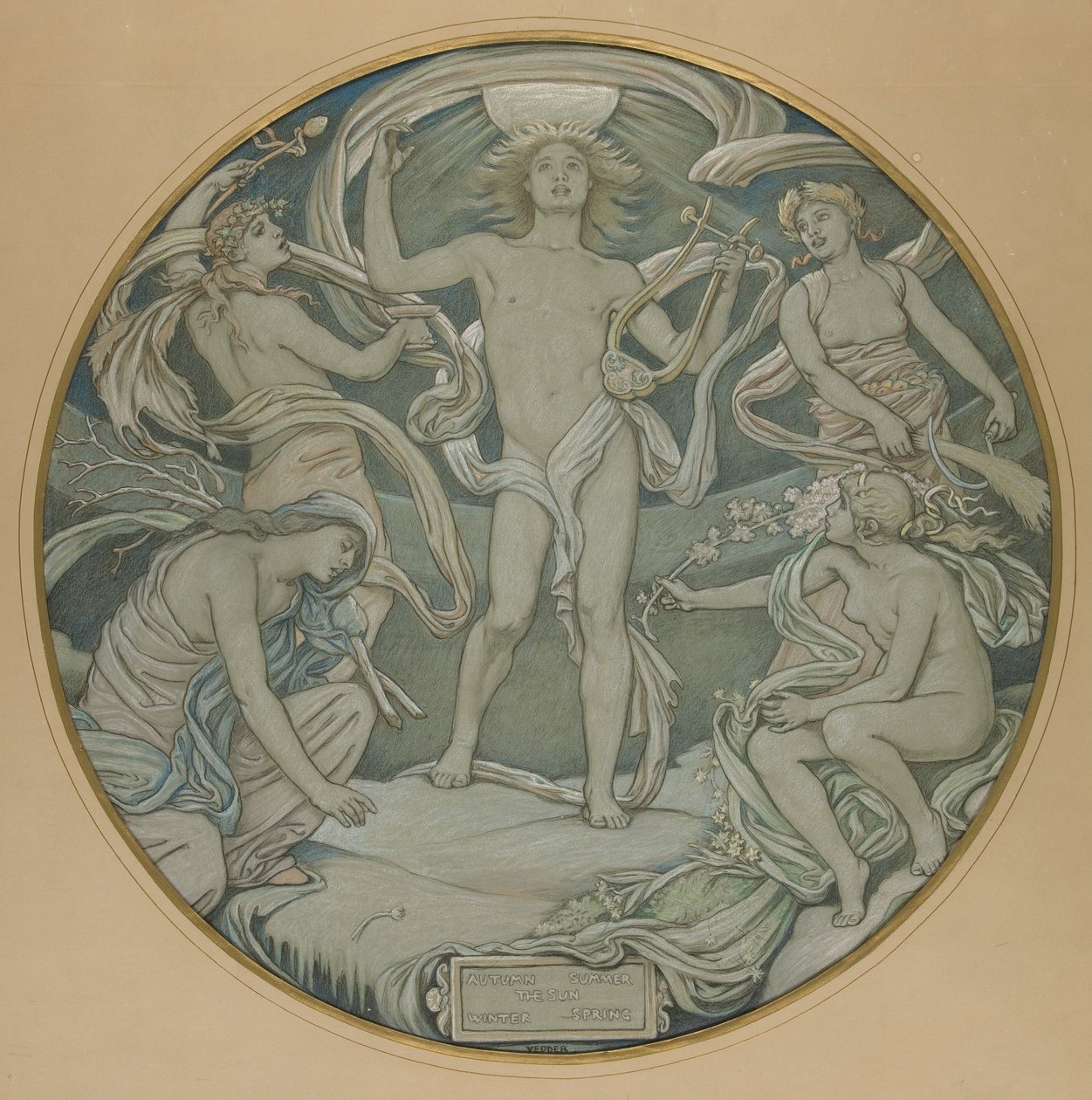 Rajz a Huntington-mennyezet középső köréhez: Apollón és kísérői alkotó: Elihu Vedder