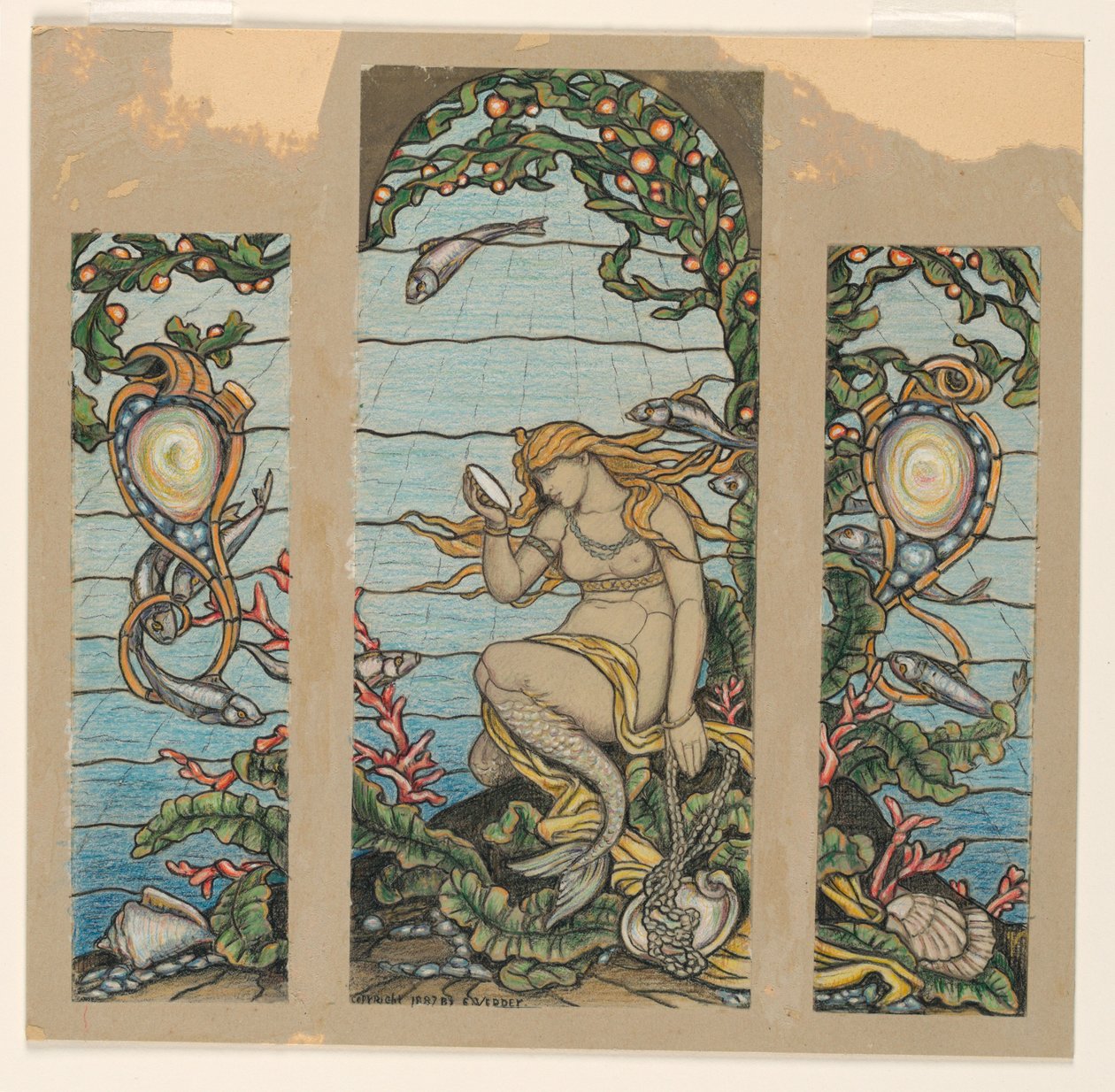 Rajz, tervrajz üvegfestmény ablakhoz, The Mermaid Window, A.H. Barney Residence, New York, NY, 1882. alkotó: Elihu Vedder