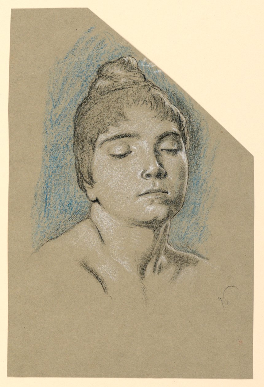 Rajz, Fiatal nő portré vázlata csukott szemmel, 1885 körül. alkotó: Elihu Vedder