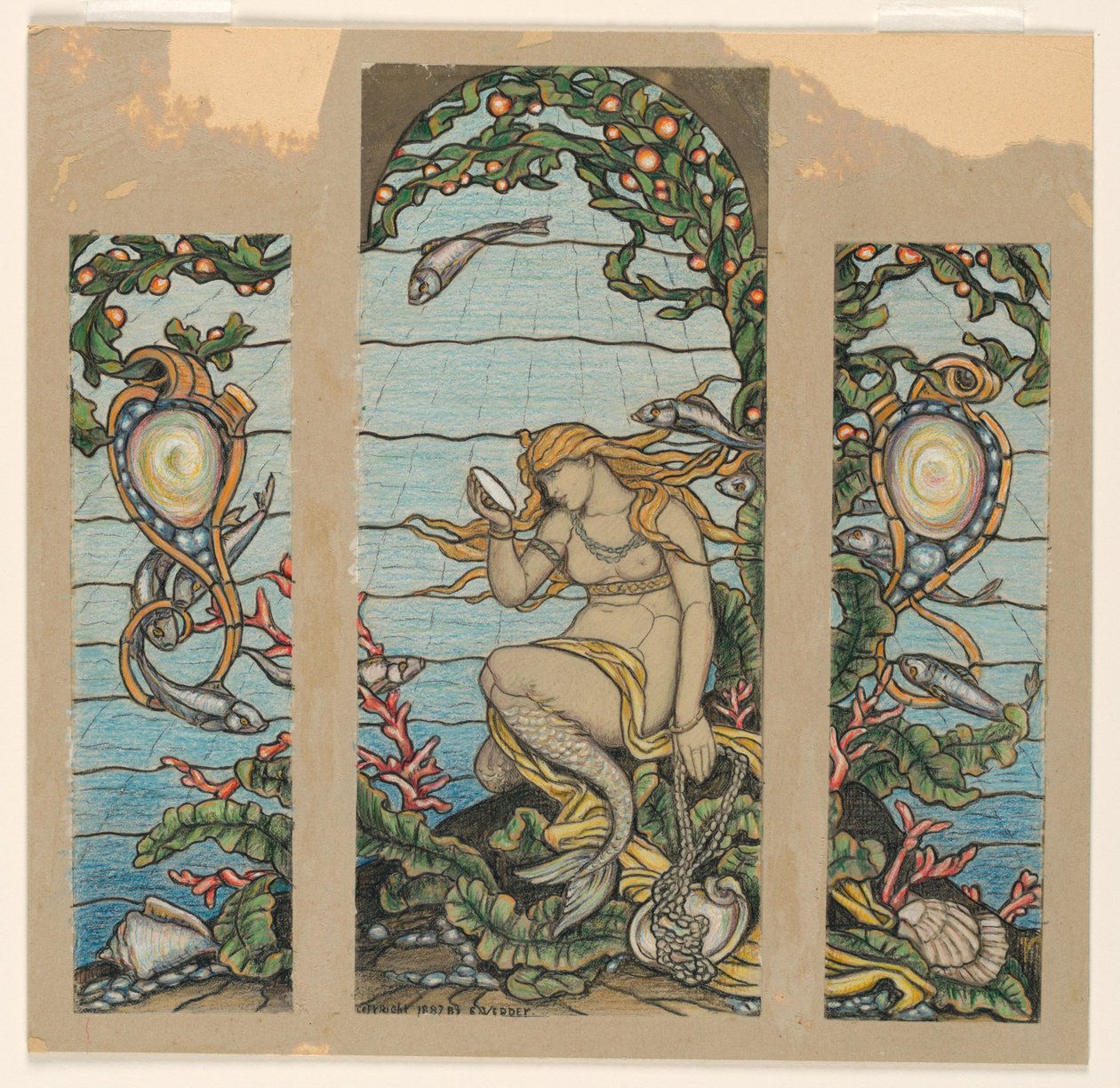 Rajz, "The Mermaid Window", terv az A.H. Barney rezidencia üvegfestmény ablakához, New York, NY, 1882. alkotó: Elihu Vedder