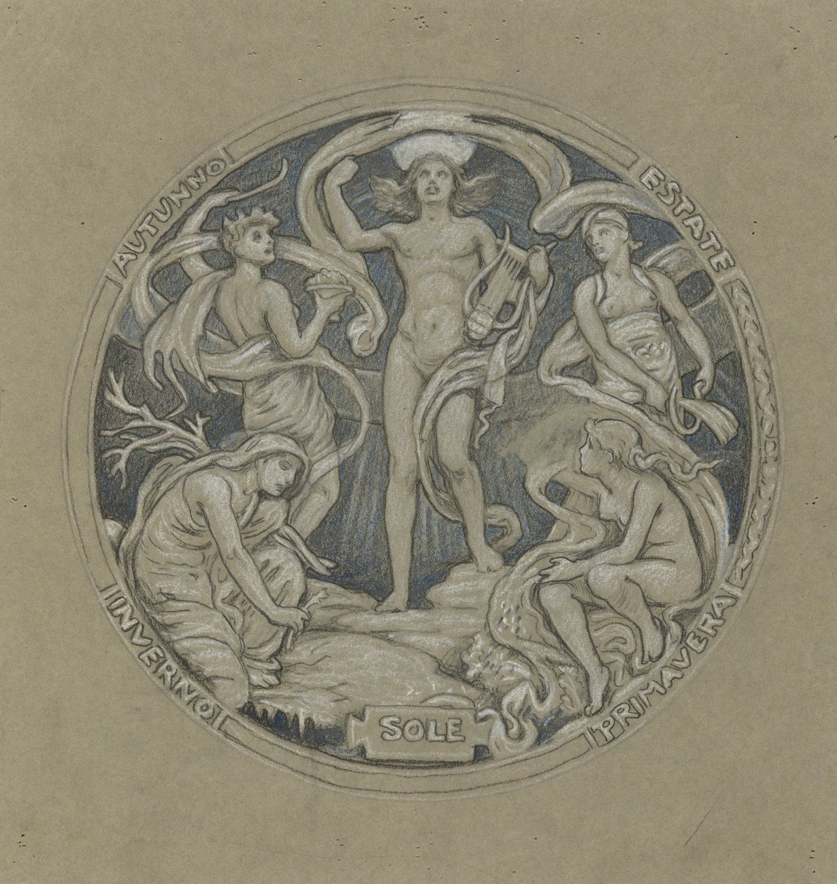 Tanulmány a Center Circle of Huntington Ceiling számára: Apollo és kísérői alkotó: Elihu Vedder