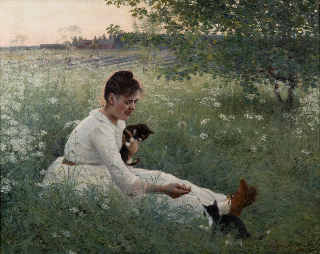Fiatal lány macskákkal nyári tájban - Lány macskákkal nyári tájban - Elin Danielson-Gambogi (1861-1919). olajfestmény alkotó: Elin Danielson Gambogi